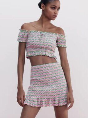 Zara Printed Smocked Mini Skirt XS